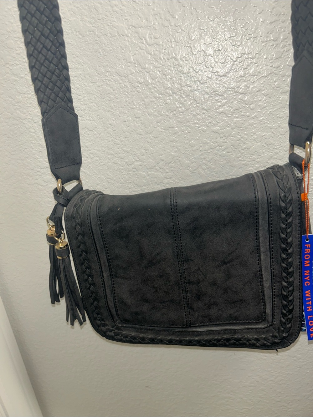 New Black Braided Crossbody Bag with Tassel Accent
